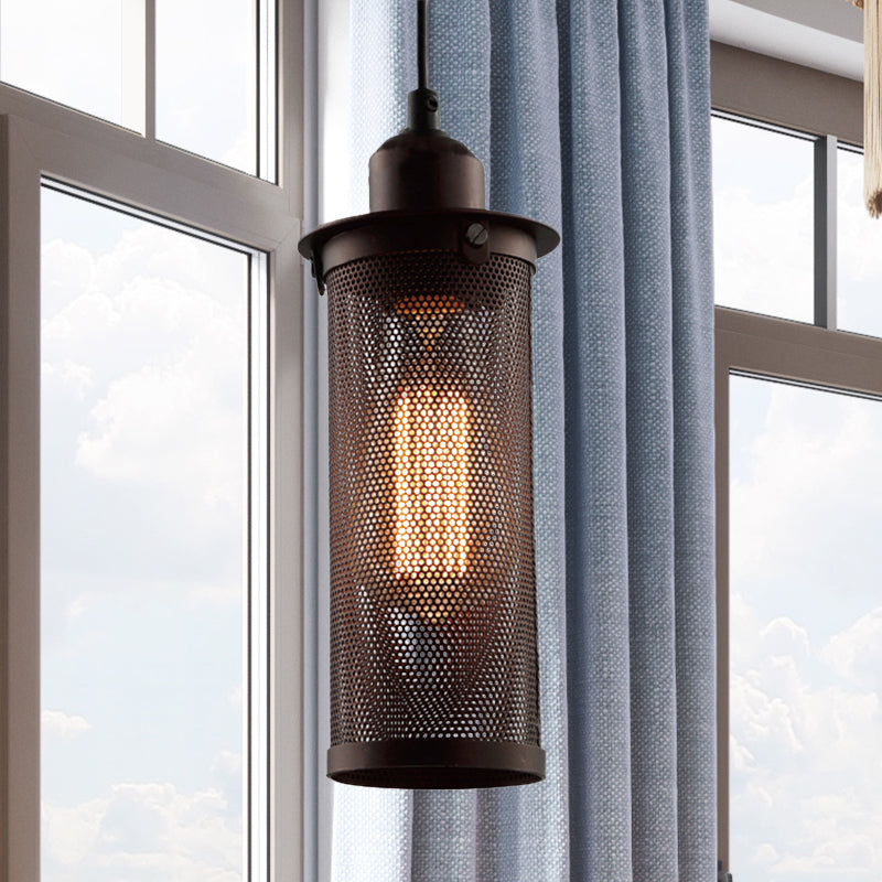 Taavita Metal Rust Black Hanging Pendant Lamp Cylindrical 1 Head Industrial Ceiling Lighting with Mesh Cage Shade