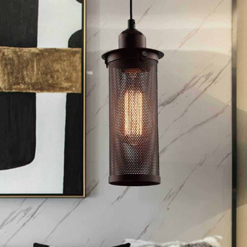 Taavita Metal Rust Black Hanging Pendant Lamp Cylindrical 1 Head Industrial Ceiling Lighting with Mesh Cage Shade