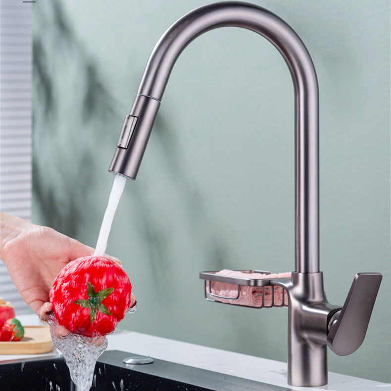 Gooseneck Kitchen Sink Faucet Swivel Spout with Pull down Sprayer Clearhalo 'Home Improvement' 'home_improvement' 'home_improvement_kitchen_faucets' 'Kitchen Faucets' 'Kitchen Remodel & Kitchen Fixtures' 'Kitchen Sinks & Faucet Components' 'kitchen_faucets' 6872439