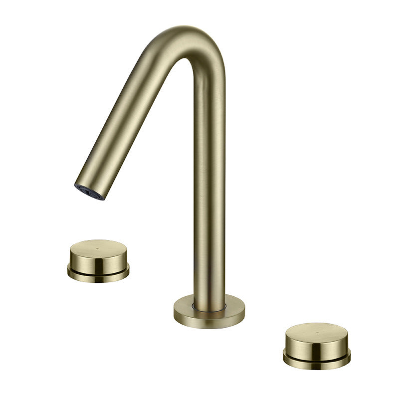 Glam Brass Widespread Bathroom Faucet 3 Hole Circular Vanity Faucet Clearhalo 'Bathroom Remodel & Bathroom Fixtures' 'Bathroom Sink Faucets' 'Bathroom Sinks & Faucet Components' 'bathroom_sink_faucets' 'Home Improvement' 'home_improvement' 'home_improvement_bathroom_sink_faucets' 6957365