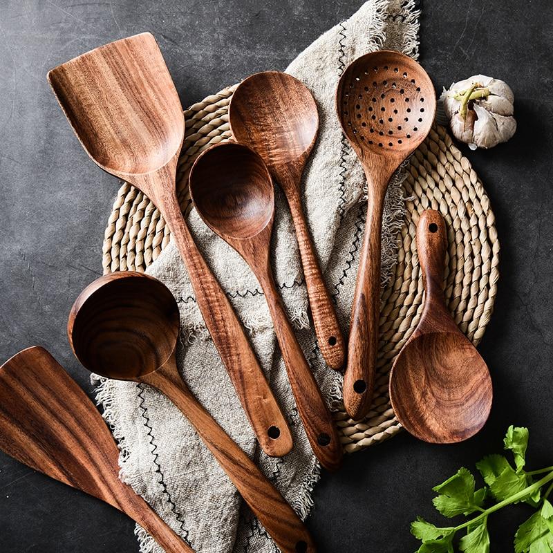 Taavita Teak Kitchen Utensils Collection - Full 7-Piece Set of Wooden Handle Cooking Utensils