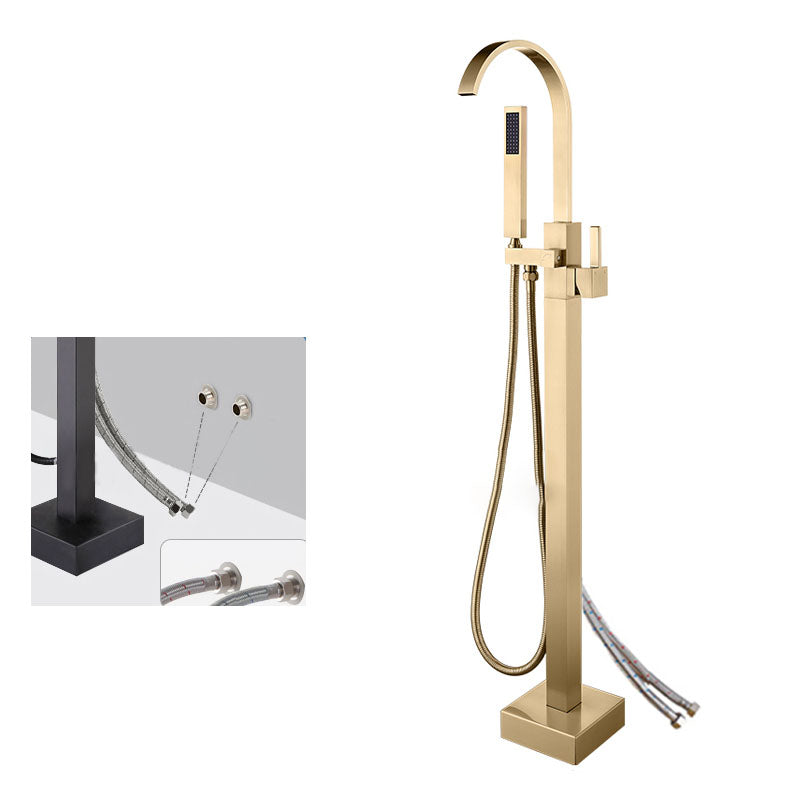 Contemporary Brass Freestanding Tub Filler with Hose Floor Mounted Bathroom Faucet Clearhalo 'Bathroom Remodel & Bathroom Fixtures' 'Bathtub Faucets' 'bathtub_faucets' 'Home Improvement' 'home_improvement' 'home_improvement_bathtub_faucets' 7196795