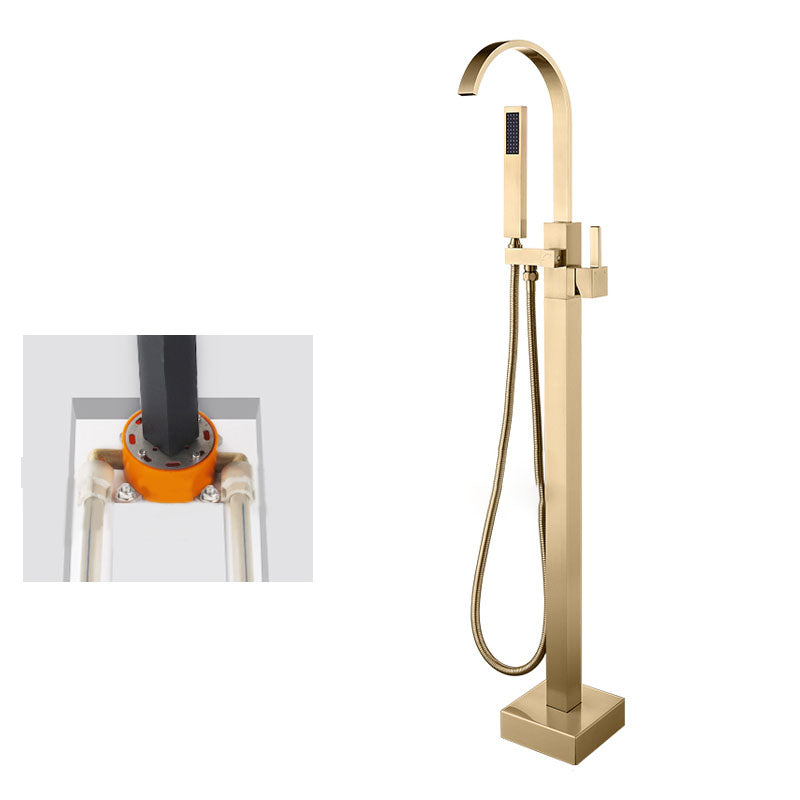 Contemporary Brass Freestanding Tub Filler with Hose Floor Mounted Bathroom Faucet Clearhalo 'Bathroom Remodel & Bathroom Fixtures' 'Bathtub Faucets' 'bathtub_faucets' 'Home Improvement' 'home_improvement' 'home_improvement_bathtub_faucets' 7196794