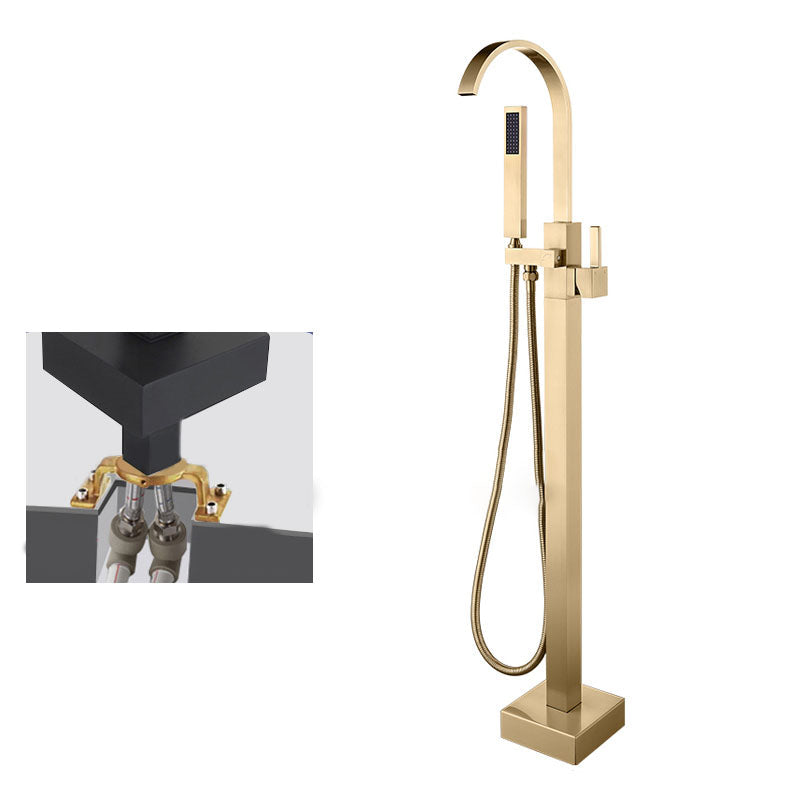 Contemporary Brass Freestanding Tub Filler with Hose Floor Mounted Bathroom Faucet Clearhalo 'Bathroom Remodel & Bathroom Fixtures' 'Bathtub Faucets' 'bathtub_faucets' 'Home Improvement' 'home_improvement' 'home_improvement_bathtub_faucets' 1200x1200_710a157d-9a59-4fa7-8704-d411de176086