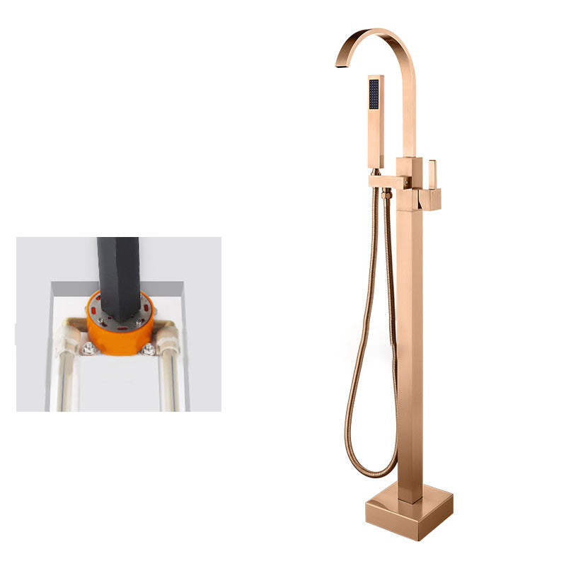 Contemporary Brass Freestanding Tub Filler with Hose Floor Mounted Bathroom Faucet Clearhalo 'Bathroom Remodel & Bathroom Fixtures' 'Bathtub Faucets' 'bathtub_faucets' 'Home Improvement' 'home_improvement' 'home_improvement_bathtub_faucets' 7196816