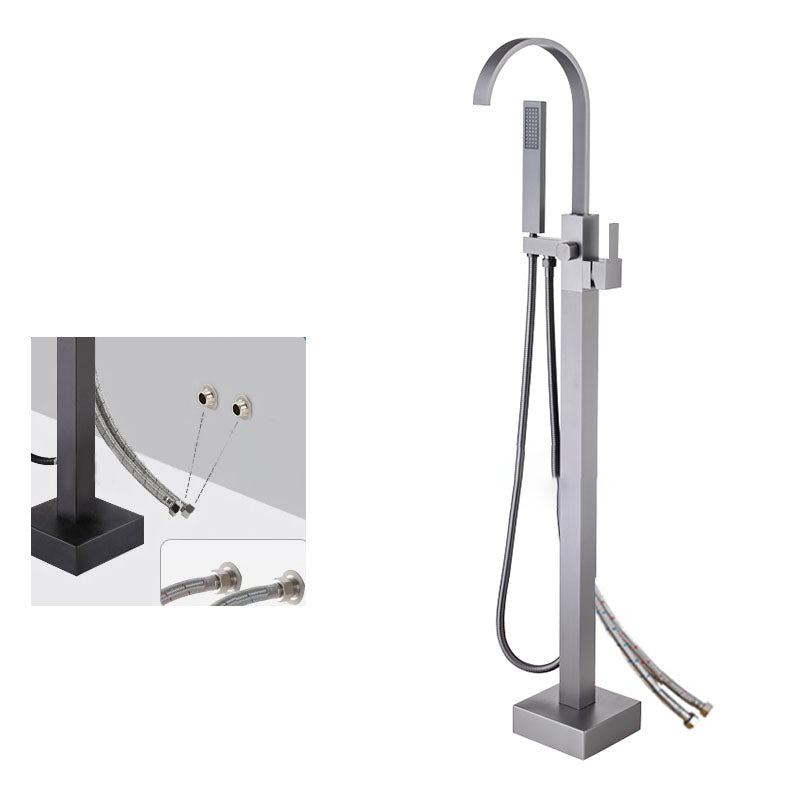 Contemporary Brass Freestanding Tub Filler with Hose Floor Mounted Bathroom Faucet Clearhalo 'Bathroom Remodel & Bathroom Fixtures' 'Bathtub Faucets' 'bathtub_faucets' 'Home Improvement' 'home_improvement' 'home_improvement_bathtub_faucets' 7196790