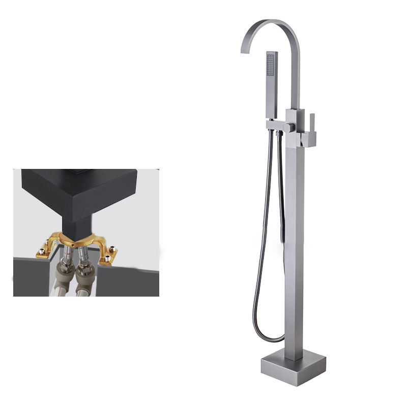 Contemporary Brass Freestanding Tub Filler with Hose Floor Mounted Bathroom Faucet Clearhalo 'Bathroom Remodel & Bathroom Fixtures' 'Bathtub Faucets' 'bathtub_faucets' 'Home Improvement' 'home_improvement' 'home_improvement_bathtub_faucets' 7196787