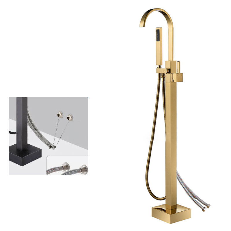 Contemporary Brass Freestanding Tub Filler with Hose Floor Mounted Bathroom Faucet Clearhalo 'Bathroom Remodel & Bathroom Fixtures' 'Bathtub Faucets' 'bathtub_faucets' 'Home Improvement' 'home_improvement' 'home_improvement_bathtub_faucets' 7196805