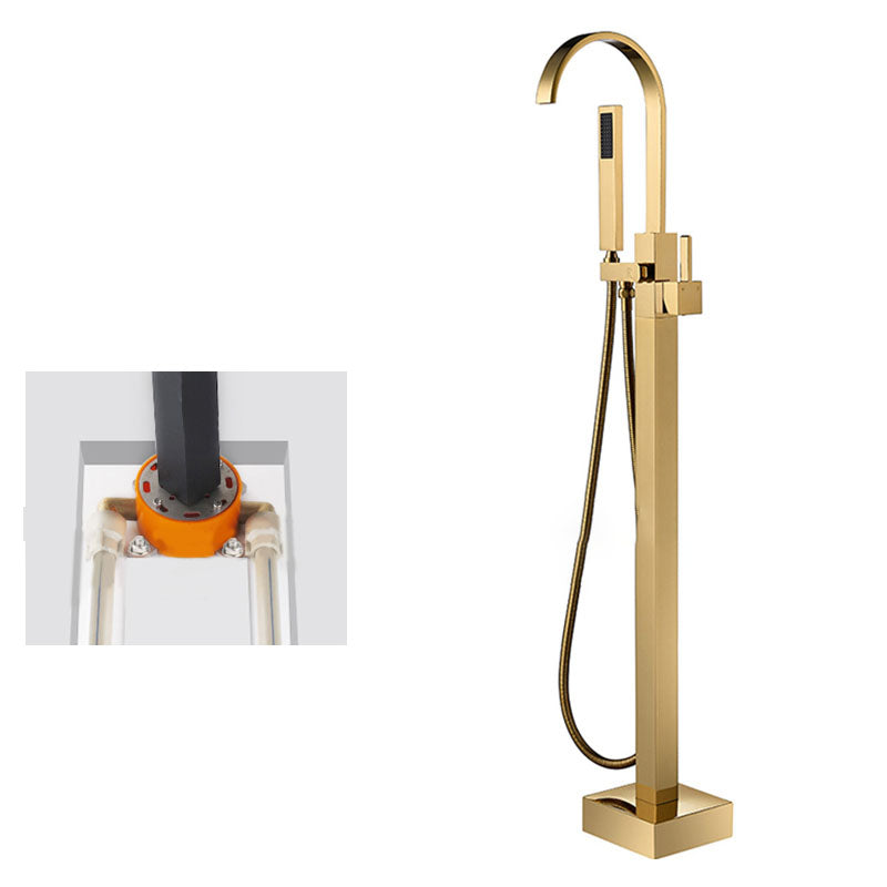 Contemporary Brass Freestanding Tub Filler with Hose Floor Mounted Bathroom Faucet Clearhalo 'Bathroom Remodel & Bathroom Fixtures' 'Bathtub Faucets' 'bathtub_faucets' 'Home Improvement' 'home_improvement' 'home_improvement_bathtub_faucets' 7196792