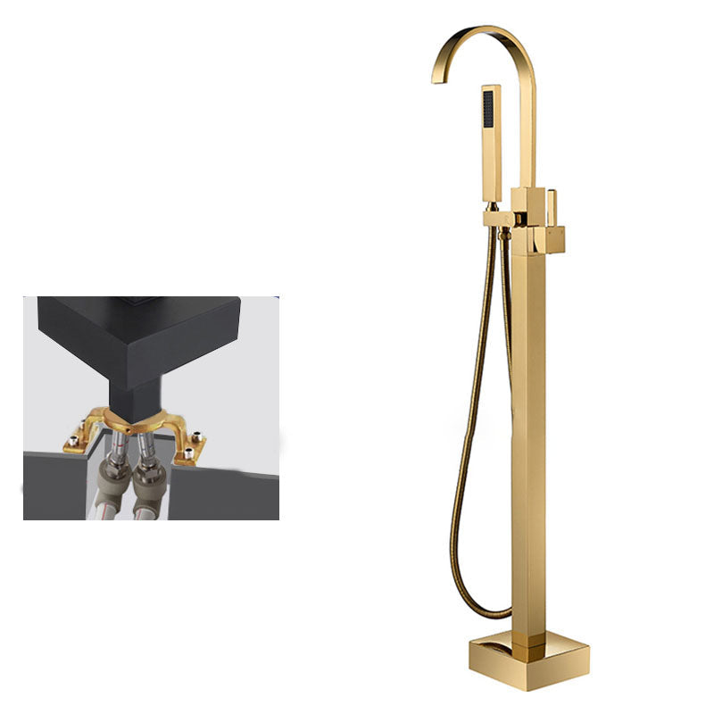 Contemporary Brass Freestanding Tub Filler with Hose Floor Mounted Bathroom Faucet Clearhalo 'Bathroom Remodel & Bathroom Fixtures' 'Bathtub Faucets' 'bathtub_faucets' 'Home Improvement' 'home_improvement' 'home_improvement_bathtub_faucets' 7196803