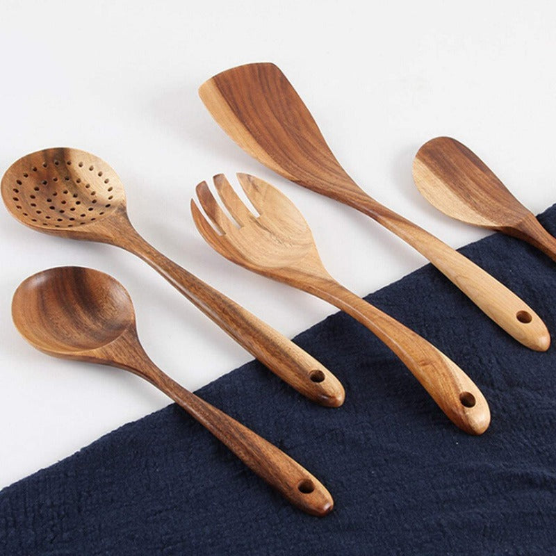 Taavita Teak Kitchen Utensils Collection - Full 7-Piece Set of Wooden Handle Cooking Utensils