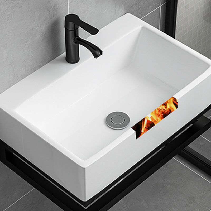 Wall-mounted Rectangular Bathroom Sink Ceramic White with Rod Handle Faucet