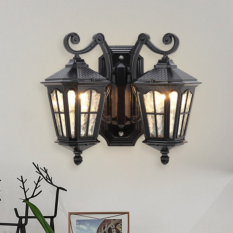 Geometric Rustic Outdoor Wall Light Taavita Water Glass 2 Lights Black Finish Sconce Lamp with Double Swirl Arm