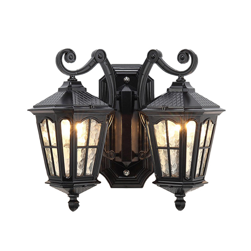 Geometric Rustic Outdoor Wall Light Taavita Water Glass 2 Lights Black Finish Sconce Lamp with Double Swirl Arm