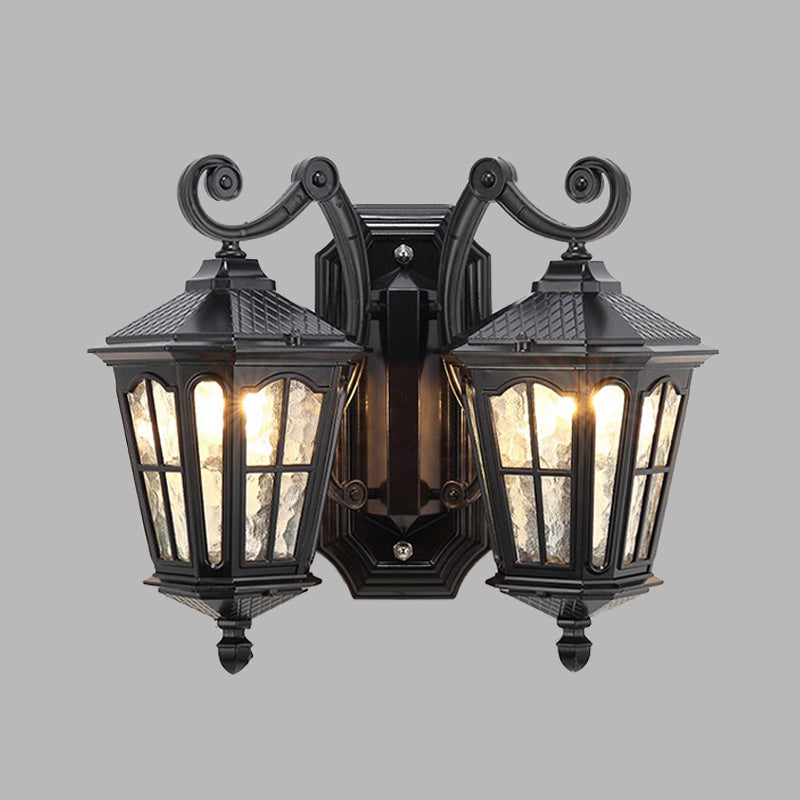 Geometric Rustic Outdoor Wall Light Taavita Water Glass 2 Lights Black Finish Sconce Lamp with Double Swirl Arm