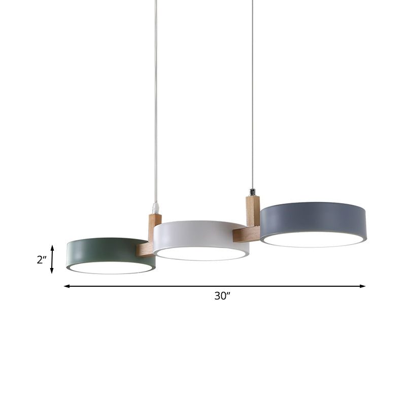 Taavita Metal Cylinder Multi-Light Pendant 3-Head Ceiling Lamp with Wooden Arm in White-Grey-Green