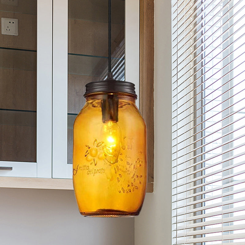 1-Light Pendant Lighting Modern Caged Mason Jar Blown Glass Hanging Ceiling Light in Red/Green/Amber Green Clearhalo 'Ceiling Lights' 'Glass shade' 'Glass' 'Industrial Pendants' 'Industrial' 'Island Lights' 'Middle Century Pendants' 'Pendant Lights' 'Pendants' 'Tiffany' Lighting' 770894