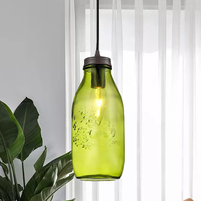 1-Light Pendant Lighting Modern Caged Mason Jar Blown Glass Hanging Ceiling Light in Red/Green/Amber Red Clearhalo 'Ceiling Lights' 'Glass shade' 'Glass' 'Industrial Pendants' 'Industrial' 'Island Lights' 'Middle Century Pendants' 'Pendant Lights' 'Pendants' 'Tiffany' Lighting' 770879