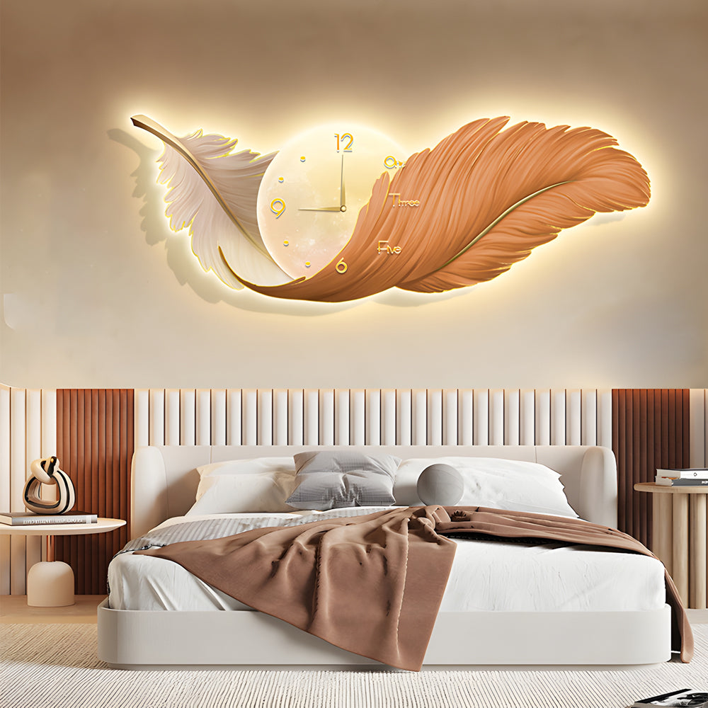 Taavita 2-In-1 Feather Painting Wall Lamp Hanging Decor LED Wall Clock