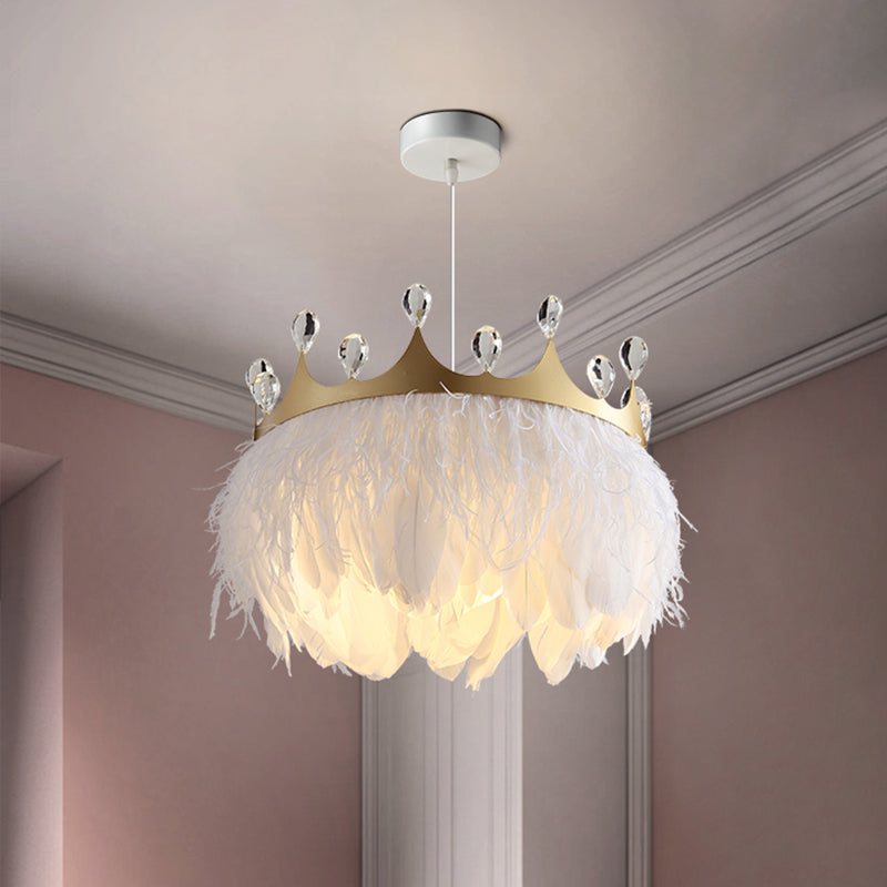 Taavita Feather Pendant Light Nordic 1 Head Gold Hanging Lamp with Clear Crystal Accent - Shabby Chic, Swag Fixture, 10" Width, 12.5" Height