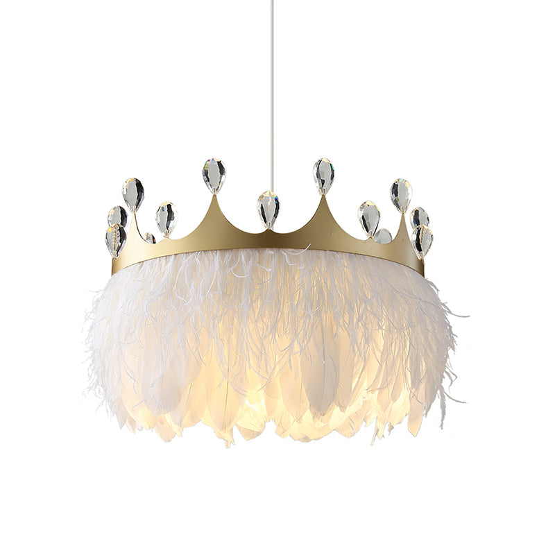 Taavita Feather Pendant Light Nordic 1 Head Gold Hanging Lamp with Clear Crystal Accent - Shabby Chic, Swag Fixture, 10" Width, 12.5" Height