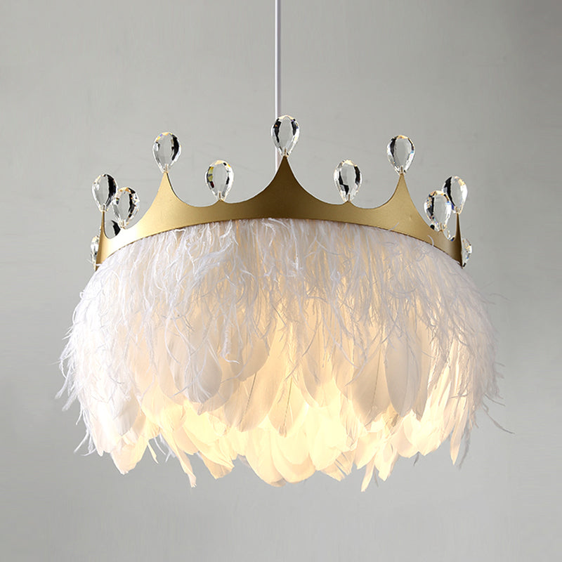 Taavita Feather Pendant Light Nordic 1 Head Gold Hanging Lamp with Clear Crystal Accent - Shabby Chic, Swag Fixture, 10" Width, 12.5" Height