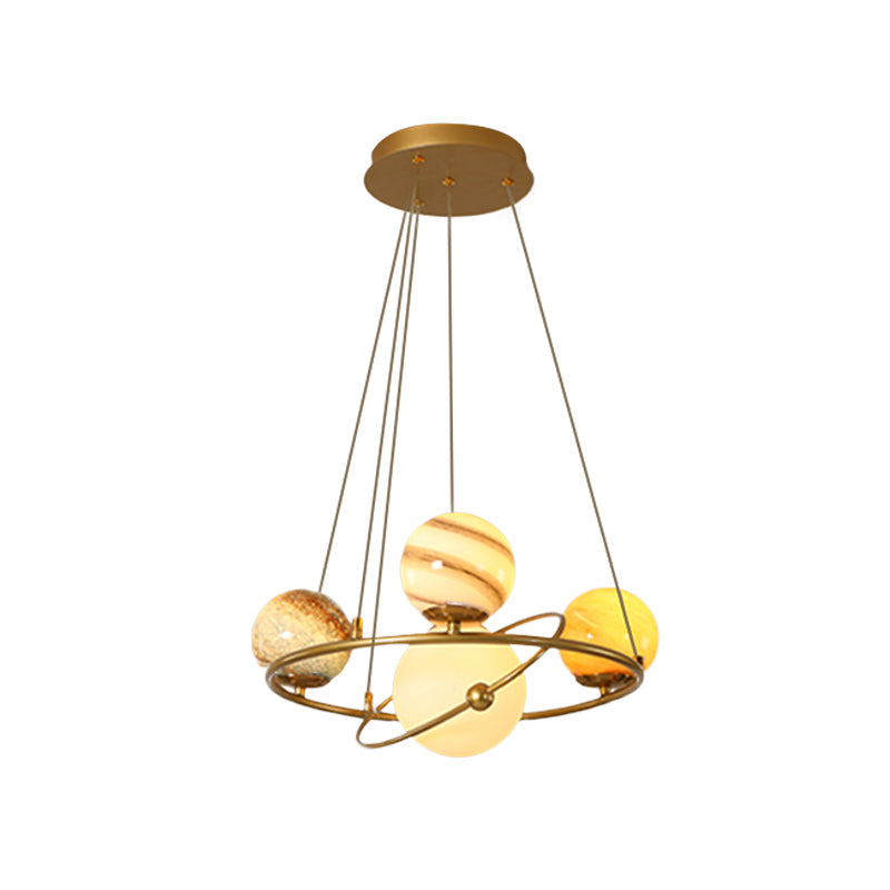 Kids Solar System Ceiling Pendant Light Stained Glass 4/6-Head Bedroom Chandelier Lighting in Gold Clearhalo 'Ceiling Lights' 'Chandeliers' Lighting' options 818551