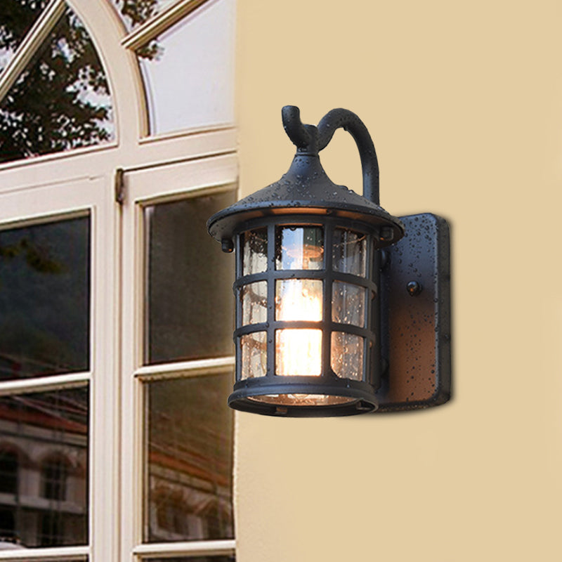 Seeded Glass Lantern Wall Lamp Countryside Single Light Outdoor Wall Light in Bronze/Black Clearhalo 'Wall Lamps & Sconces' 'Wall Lights' Lighting' 820048