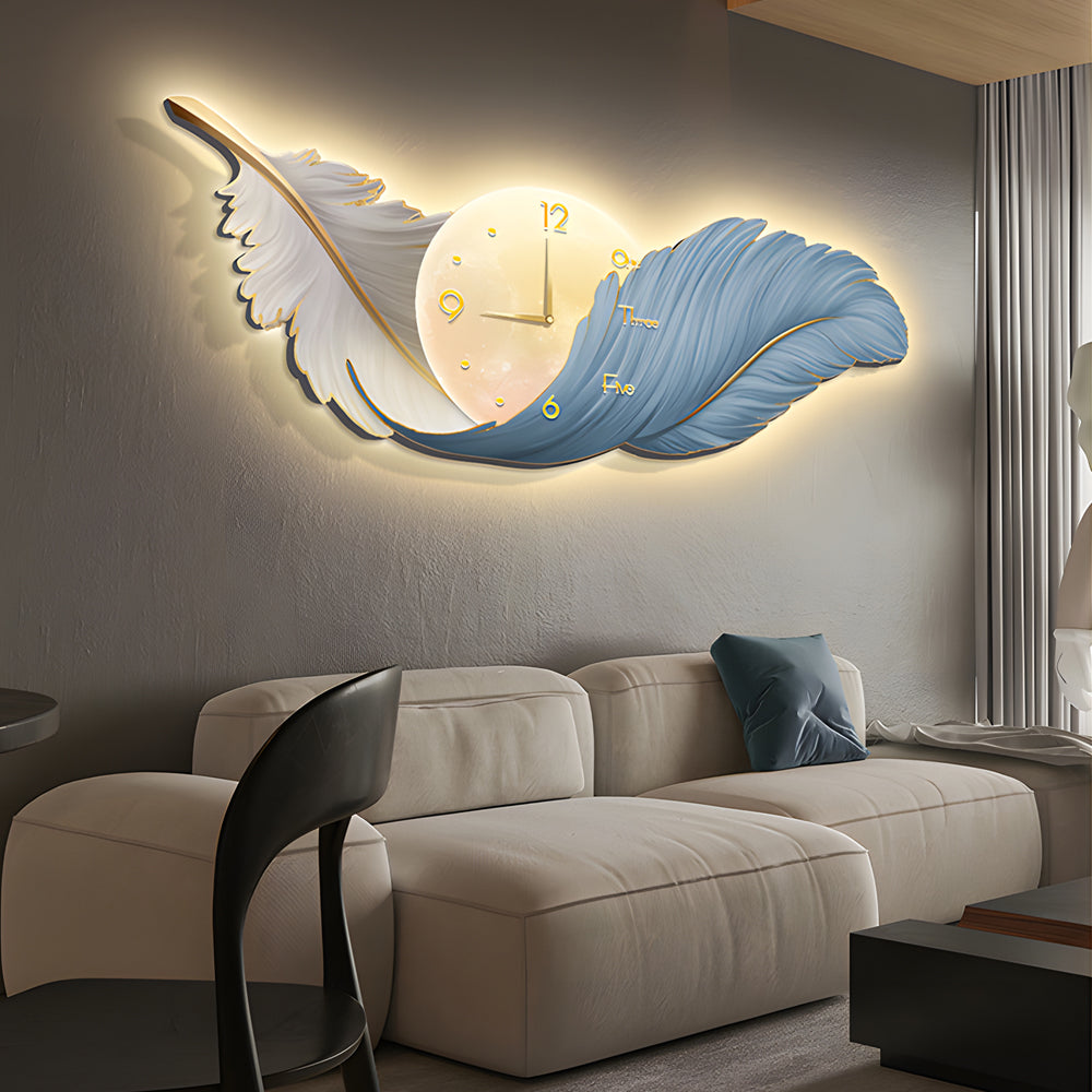 Taavita 2-In-1 Feather Painting Wall Lamp Hanging Decor LED Wall Clock