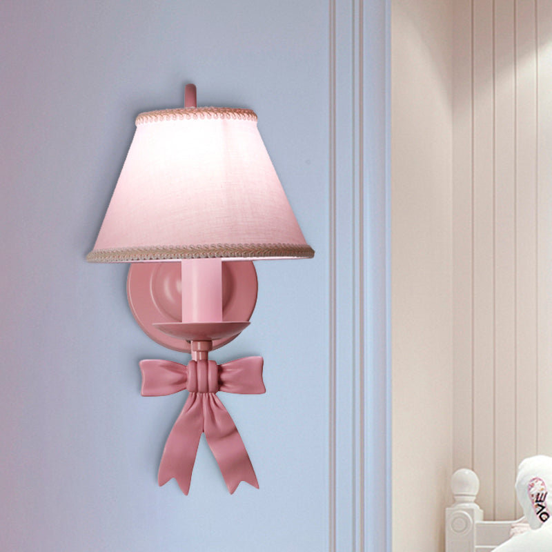 1/2-Light Wall Mounted Bedroom Lamp Taavita Pink Finish Bow Design with Conic Fabric Shade