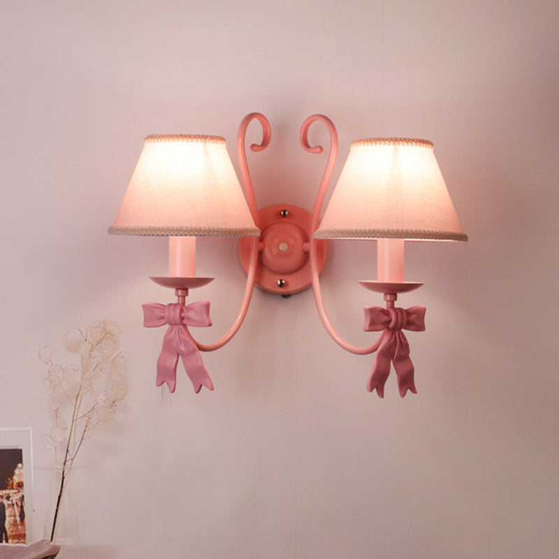 1/2-Light Bedroom Wall Mounted Light Macaron Pink Finish Bow Wall Lamp with Conic Fabric Shade Clearhalo 'Wall Lamps & Sconces' 'Wall Lights' Lighting' 917908