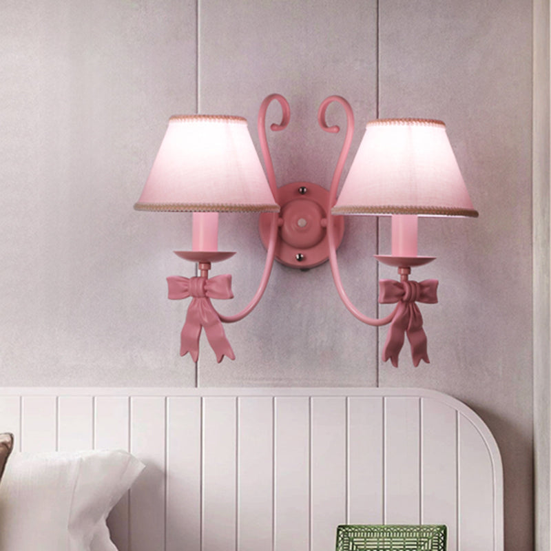 1/2-Light Wall Mounted Bedroom Lamp Taavita Pink Finish Bow Design with Conic Fabric Shade