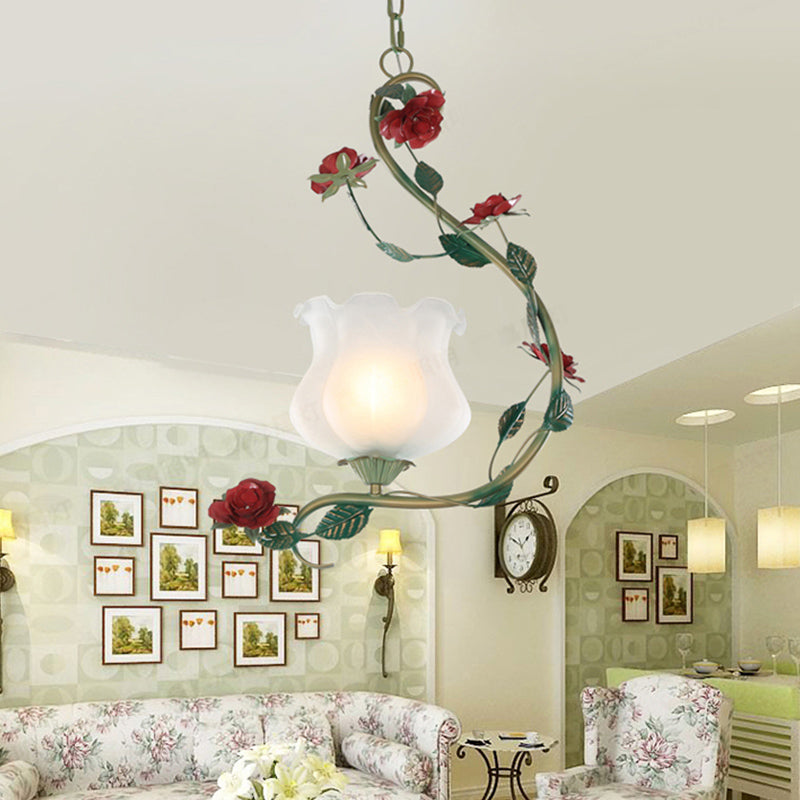 Romantic Pastoral Flower Pendant 1 Light White Glass Hanging Ceiling Light with Curvy Metal Arm