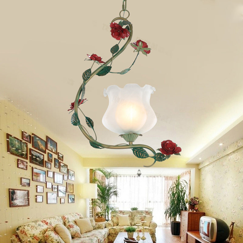 Romantic Pastoral Flower Pendant 1 Light White Glass Hanging Ceiling Light with Curvy Metal Arm