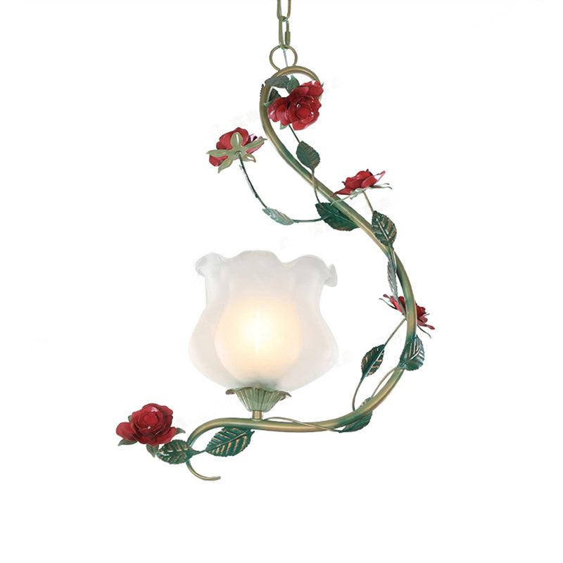 Romantic Pastoral Flower Pendant 1 Light White Glass Hanging Ceiling Light with Curvy Metal Arm