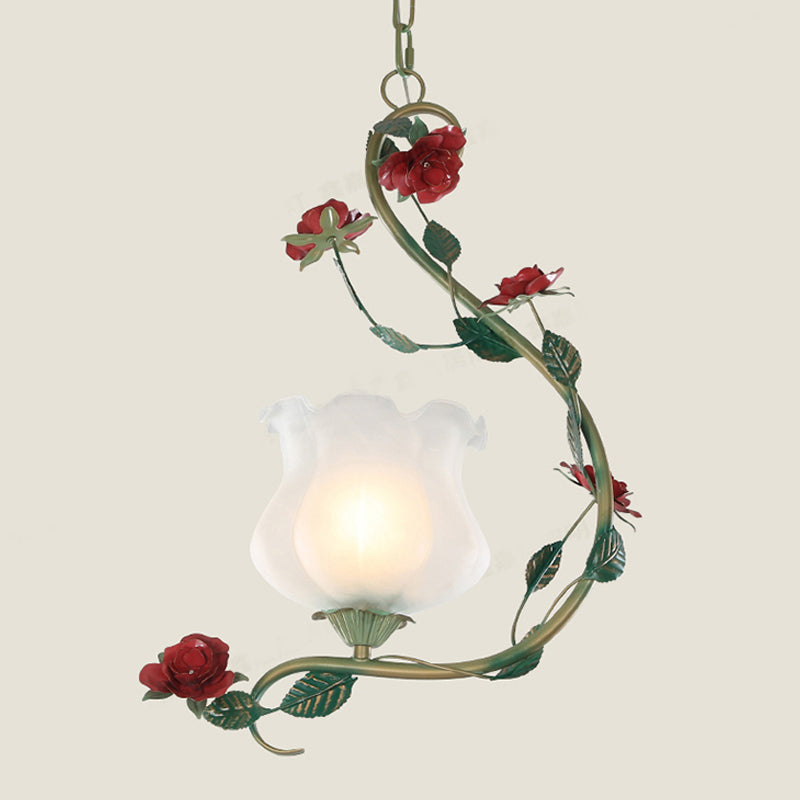 Romantic Pastoral Flower Pendant 1 Light White Glass Hanging Ceiling Light with Curvy Metal Arm