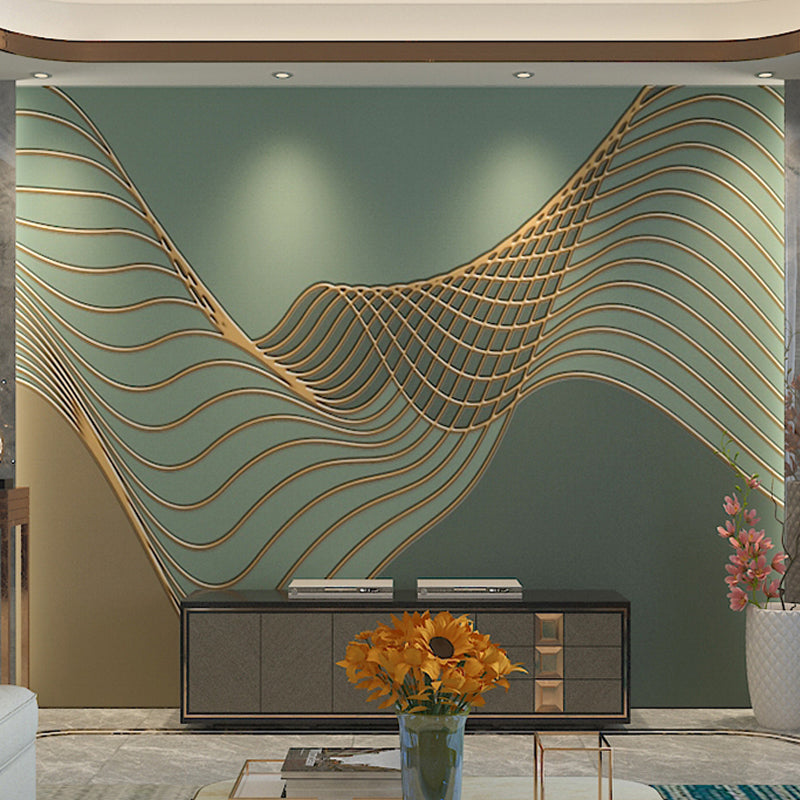 Modern Green Wall Art with 3D Printed Curved Line Design for Living Room, Non-Woven Material