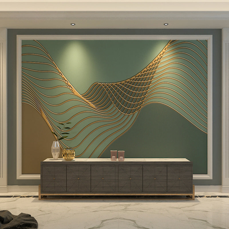 Modern Green Wall Art with 3D Printed Curved Line Design for Living Room, Non-Woven Material