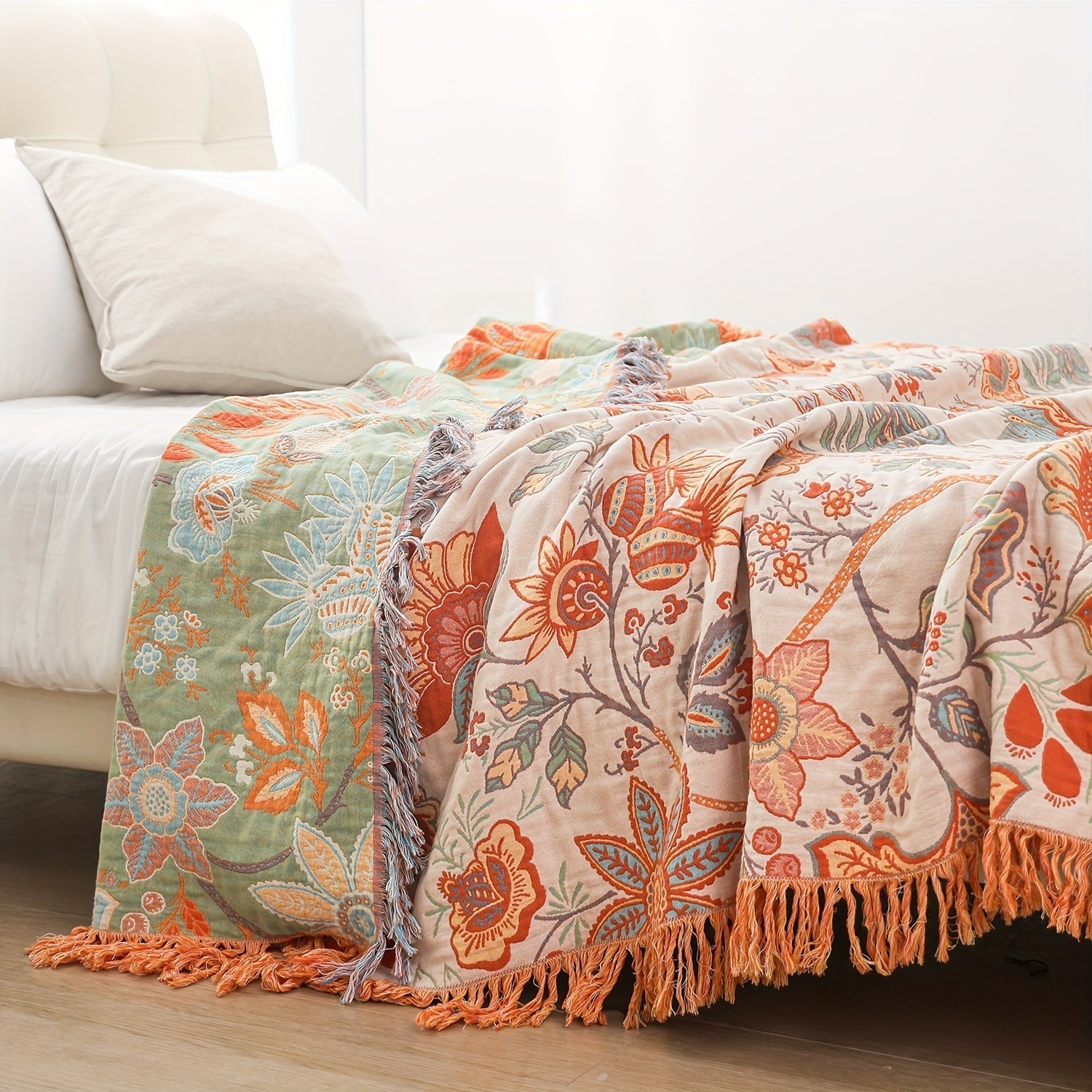 Taavita Cotton Blanket with Tassels – Stylish Floral Design for Sofa & Bed