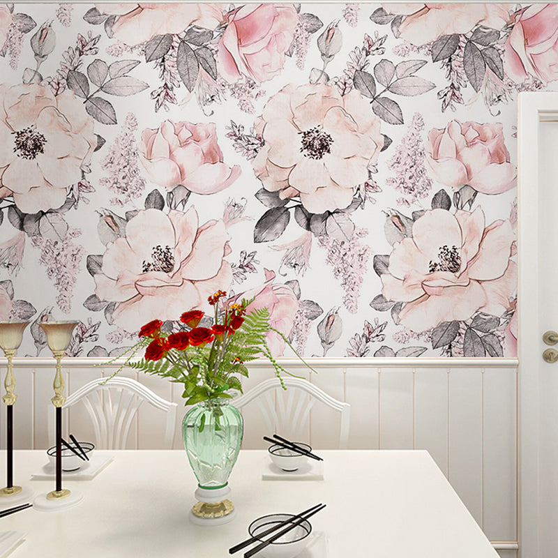 Romantic Gray and Pink Wallpaper with Floral Pattern for Bedroom, Non-Woven Material, Stain-Resistant, Modern Design