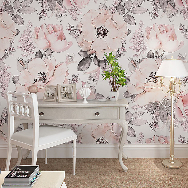 Romantic Gray and Pink Wallpaper with Floral Pattern for Bedroom, Non-Woven Material, Stain-Resistant, Modern Design