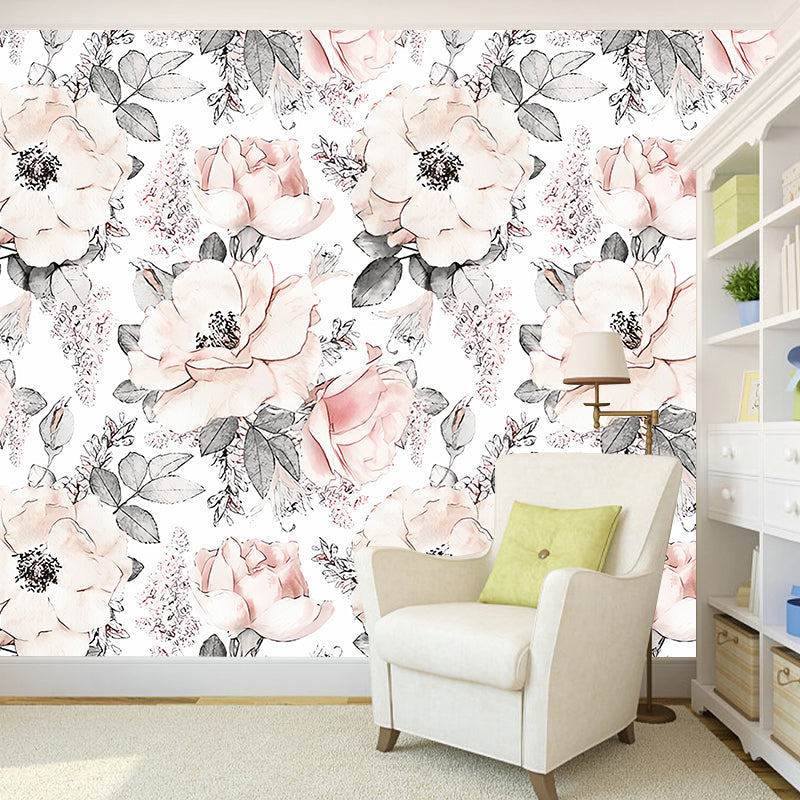 Romantic Gray and Pink Wallpaper with Floral Pattern for Bedroom, Non-Woven Material, Stain-Resistant, Modern Design