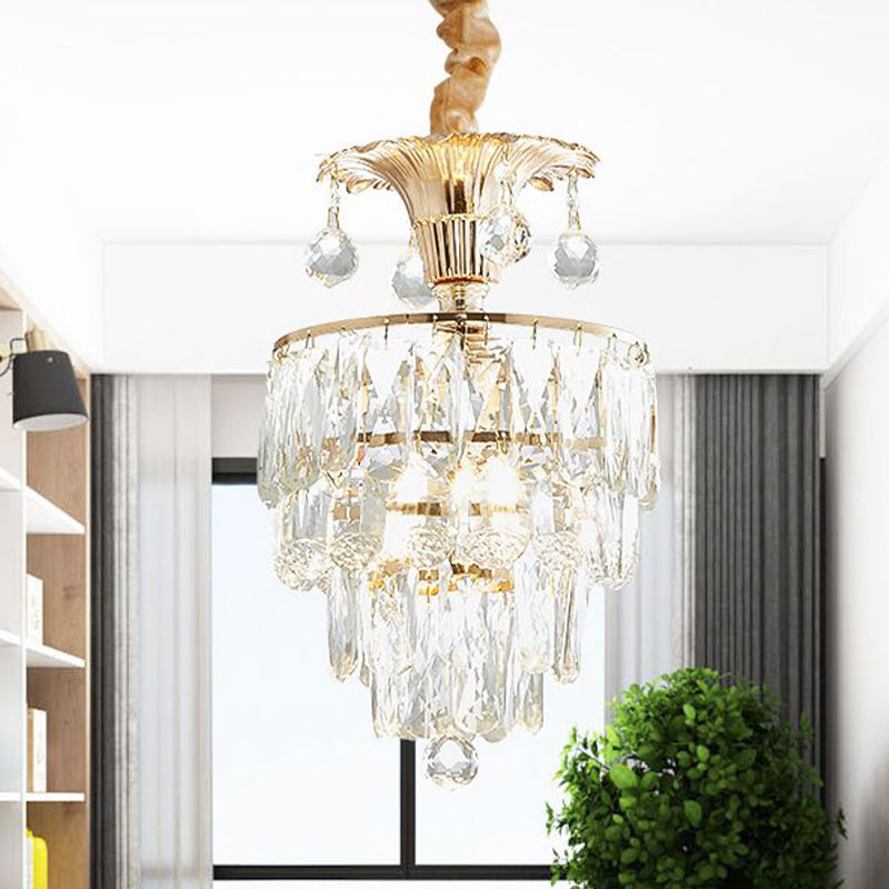 1-Light Modern Gold Tapered/Layered Down Lighting Clear Crystal Dining Table Pendant Lamp by Taavita