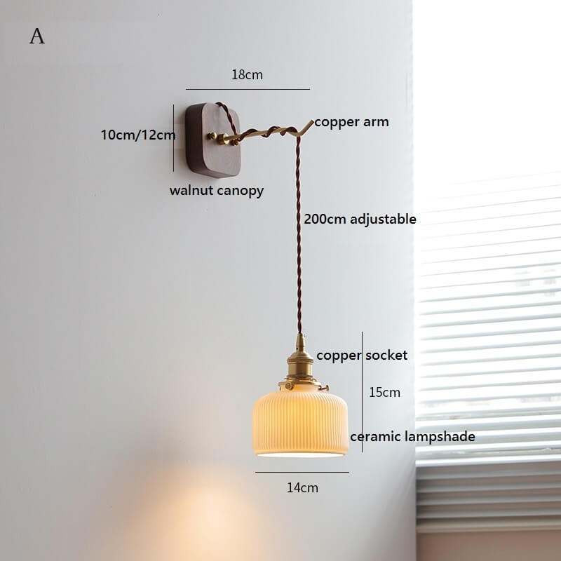 Taavita Style Ceramic Wall Lamp with Walnut Canopy & Copper Arm - Modern Ceramic Lampshade with Integrated LED Sconce