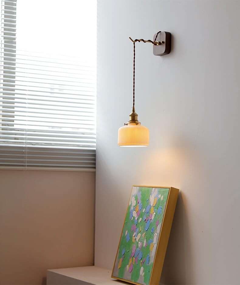 Taavita Style Ceramic Wall Lamp with Walnut Canopy & Copper Arm - Modern Ceramic Lampshade with Integrated LED Sconce