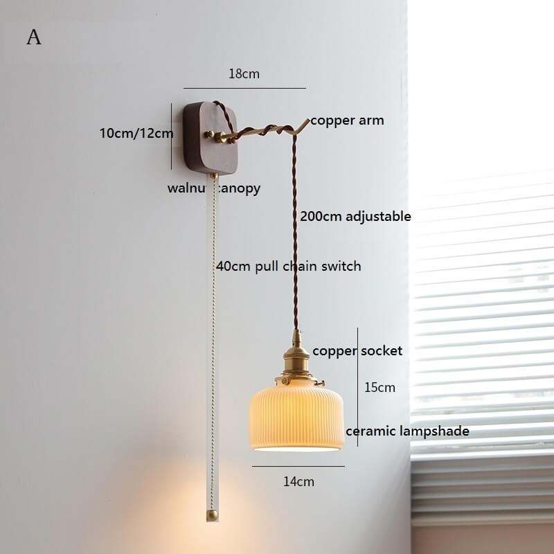 Japanese style ceramic wall lamp with copper arm and walnut canopy, featuring a modern design and white ceramic lampshade.