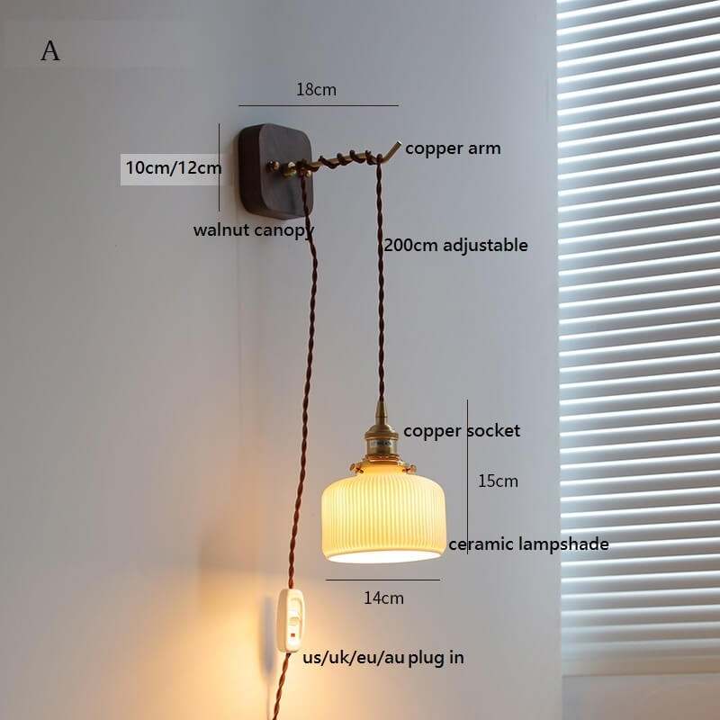 Japanese style ceramic wall lamp with copper arm and walnut canopy, featuring a modern design and white ceramic lampshade.