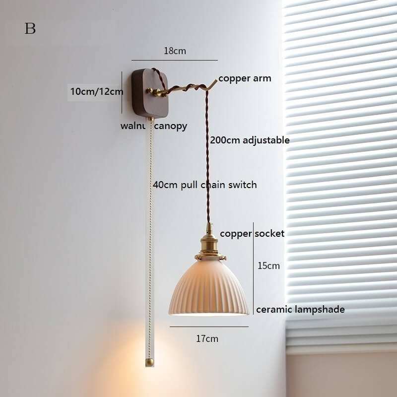 Japanese style ceramic wall lamp with copper arm and walnut canopy, featuring a modern design and white ceramic lampshade.