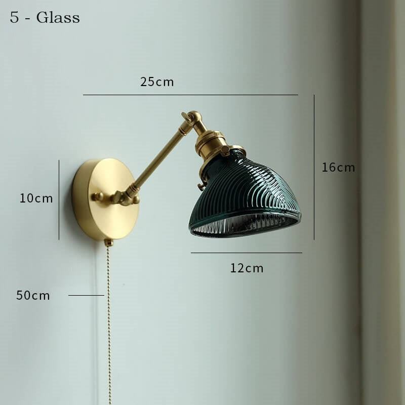 Ceramic adjustable wall lamp with pull chain switch, mounted on a copper fixture.