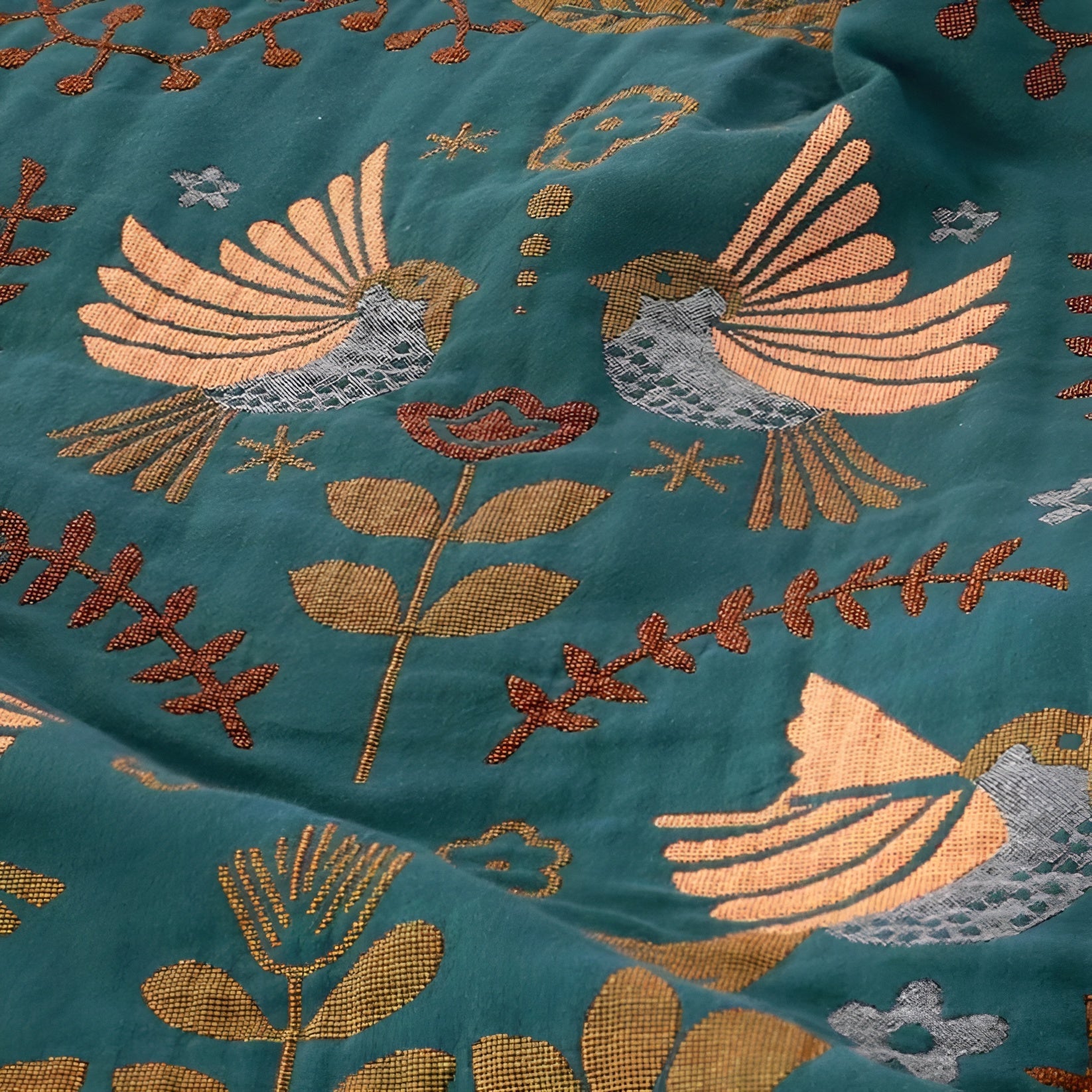 Taavita - Reversible embroidered cotton blanket with birds, flowers, and stars